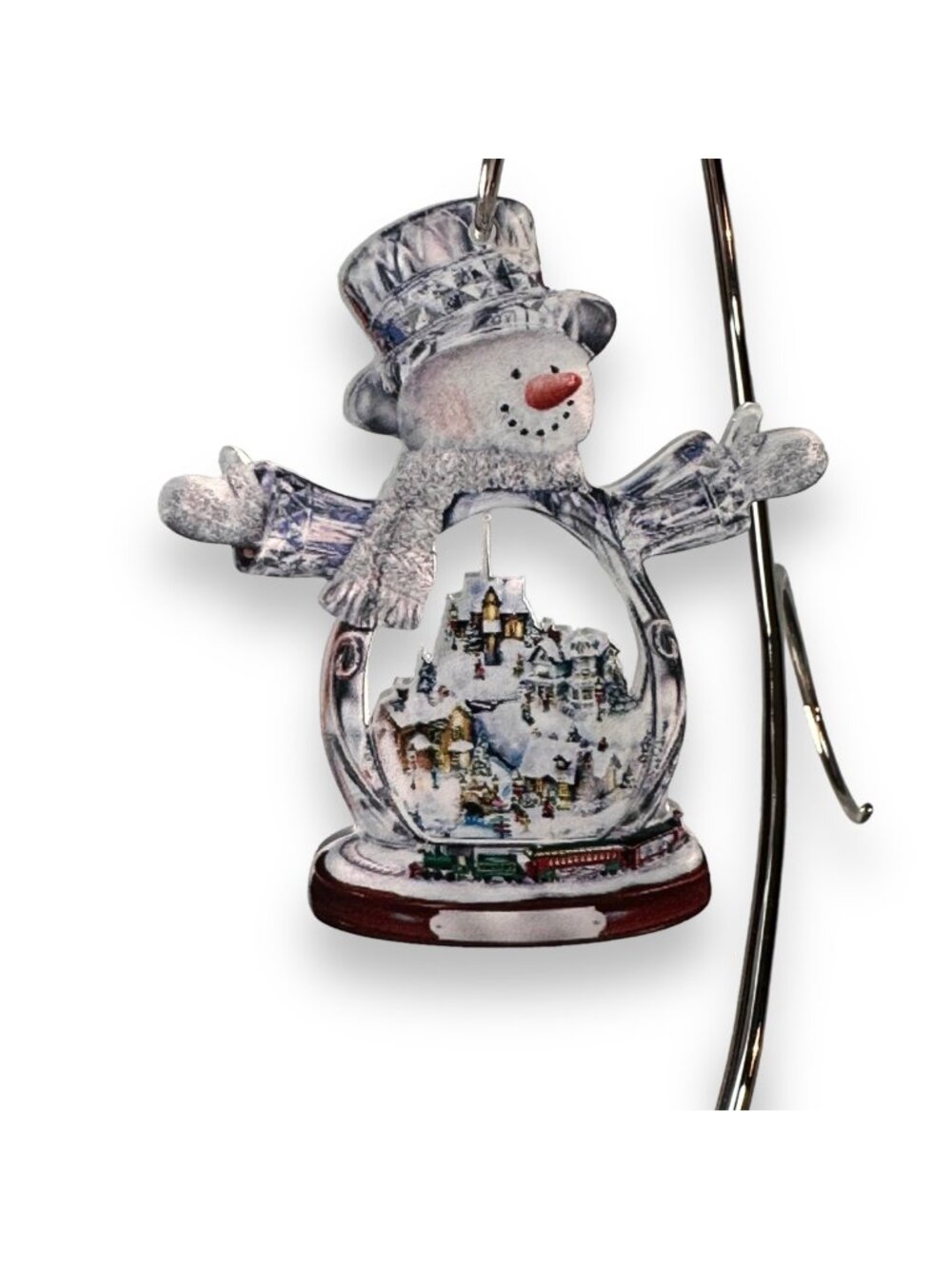 Snowman Hanging Ornament With Winter Village Scene & Gold String – 3 Inches Tall